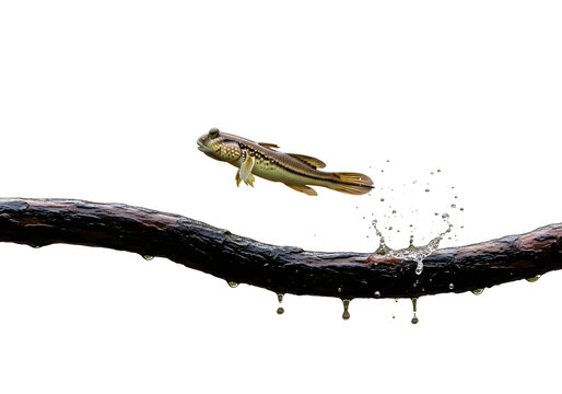 Mudskipper fish jumping off a wet branch against a white background