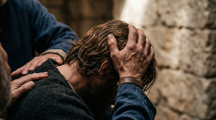 Fototapeta premium Apostle laying hands on a man in a stone room. Biblical scene depicting spirit descent, prayer, and faith. Middle eastern ancient gathering for spiritual healing and divine blessing