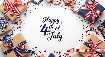 Obraz premium Independence Day background featuring gift boxes wrapped with patriotic ribbons and star confetti