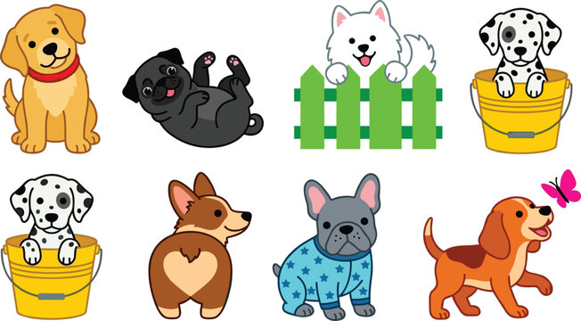 Cute Puppies Vector Icon Set Featuring Golden Retriever, Black Pug, Samoyed by Fence, Dalmatian in Bucket, Corgi, French Bulldog, and Beagle with Butterfly