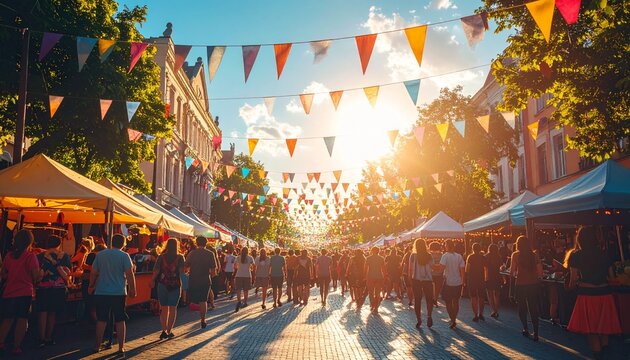 Vibrant street fair with colorful flags and bustling crowd.