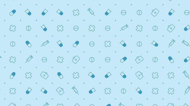 Seamless medical pattern background animation featuring blue outline icons of pills, syringes, crosses, and first aid kits scrolling diagonally on a clean light blue backdrop