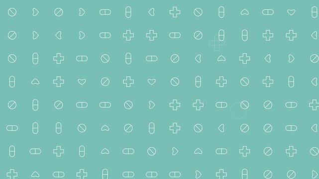 Seamless medical pattern background animation featuring white line icons of pills, capsules, hearts, and crosses scrolling horizontally on a clean mint green backdrop