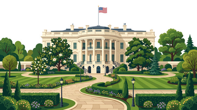 White House rose garden lawn view with blooming trees and walkway