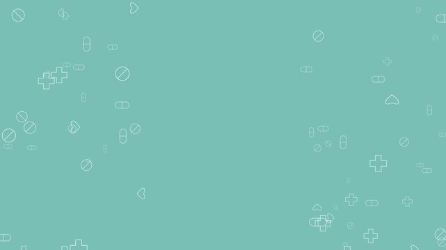 Minimalist medical background animation featuring thin line icons of pills, capsules, and crosses floating on a clean mint green backdrop, perfect for healthcare presentation copy space