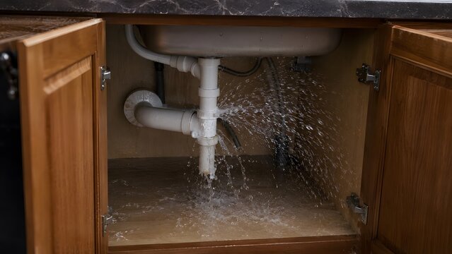 Burst Pipe Under Kitchen Sink Spraying Water Inside Cabinet