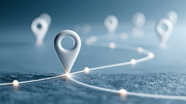 A digital representation of navigation pins on a winding path, symbolizing location tracking and route planning with glowing points marking the journey.