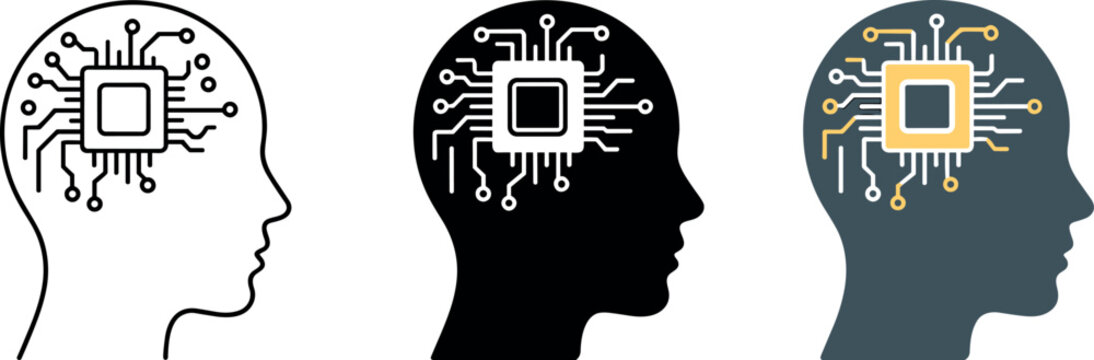 Artificial intelligence AI human head vector illustration icon set featuring microchip brain circuit line outline silhouette and modern technology designs