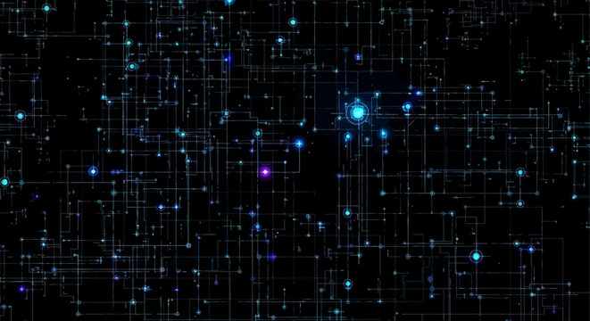 Abstract digital network illuminated points and lines on black background