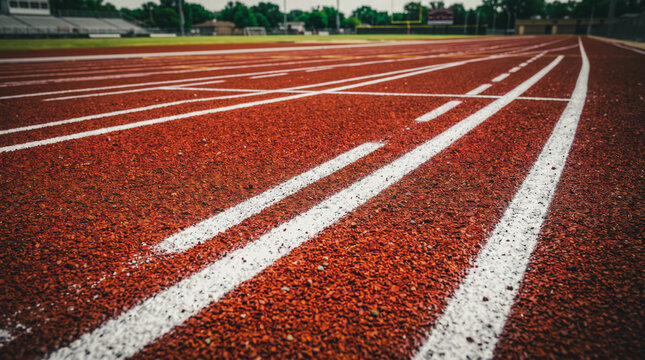 the parallel white chalk lines and dark red cinder texture of a traditional athletics running track surface creates a classic and high contrast geometric pattern
