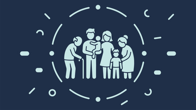 Minimalist vector illustration featuring a happy multi-generational family standing together in a circular frame design