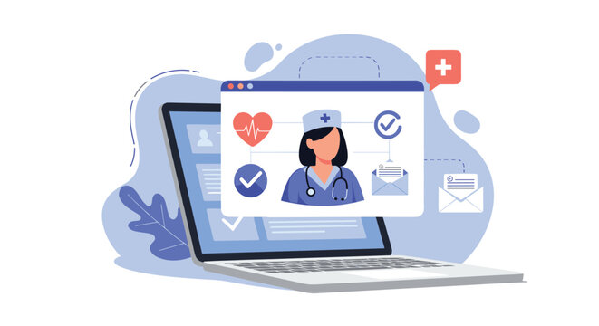 Online medical service or telemedicine concept with a female doctor avatar on a laptop screen surrounded by health check icons.