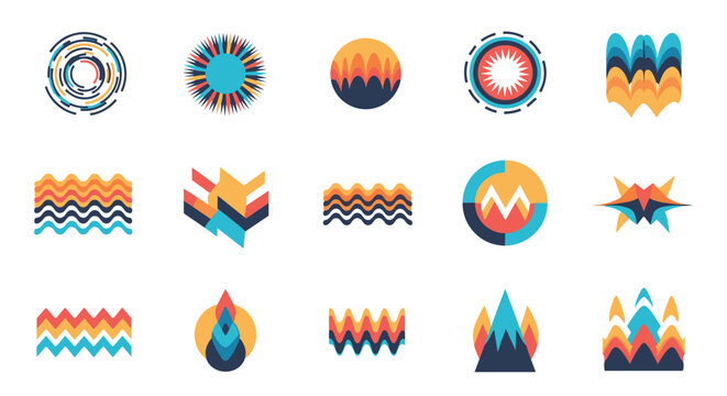 Set of fifteen colorful abstract circular and wave icons ideal for modern business logo design or branding purposes.