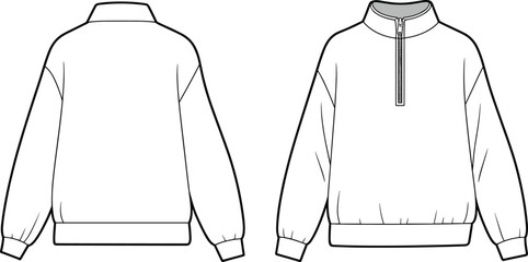 White quarter zip sweatshirt technical fashion illustration vector template showing back and front views for apparel manufacturing design © Mr Ashik02