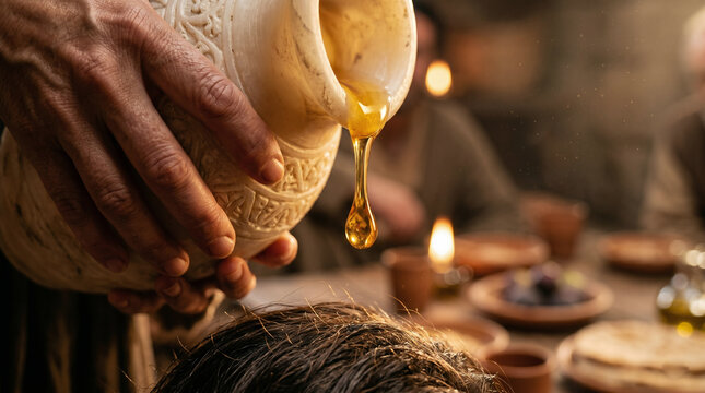 Jesus reclining at table while a woman pours oil on his head. Biblical scene of anointing Jesus for religious or historical concept