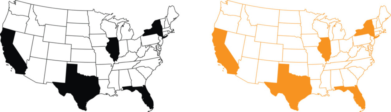 United states map with highlighted states showing california texas florida illinois and new york