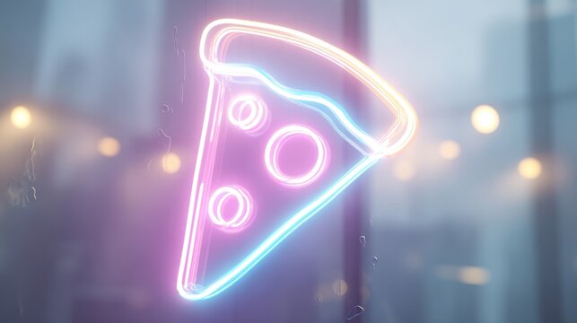 Neon pizza slice on transparent background