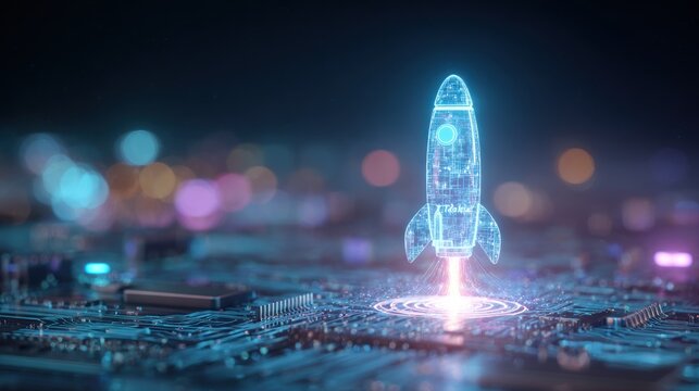 Neon rocket launching over circuit board