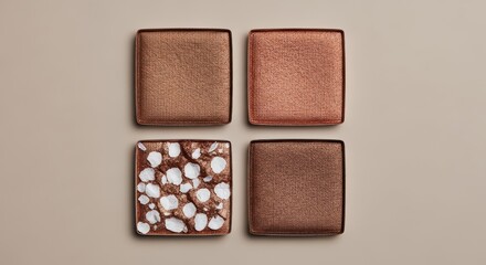 Fototapeta premium Four square eyeshadow pans in various bronze and copper metallic shades on a neutral background