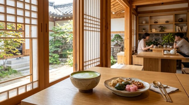 Modern Korean hanok cafe interior with tea and dessert