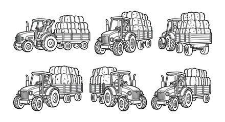 Farm tractors with hay bales black and white vector illustration © MdNirob