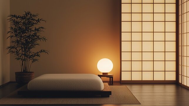 Zen-influenced modern light installation tranquil room soft illumination japanese aesthetics indoor setting