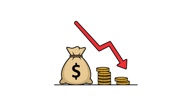Financial loss and budget cuts concept showing a dollar money bag, coin stacks, and a red downward trending arrow.