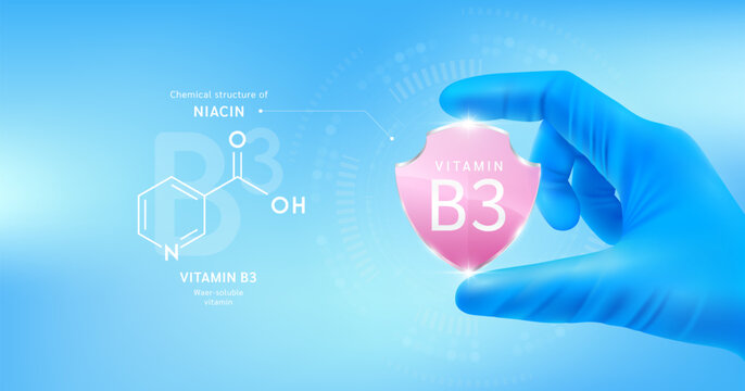 Doctor's hand in blue gloves holding pink vitamin B3 shield on blue background. With chemical structure of Niacin. Medical science concept. Vector.