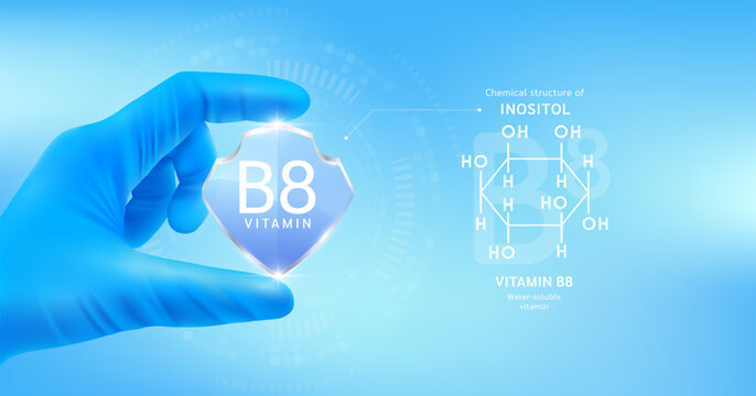 Doctor's hand in blue gloves holding blue vitamin B8 shield on blue background. With chemical structure of Inositol. Medical science concept. Vector.