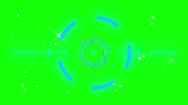 A futuristic blue and green graphic design with a circle and hexagon on a green background with white sparkles and starbursts