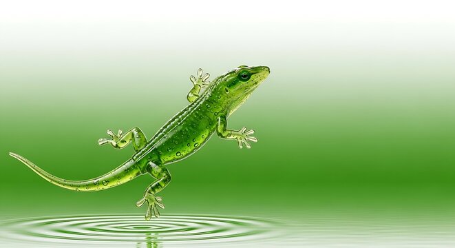 Green lizard jumping on water