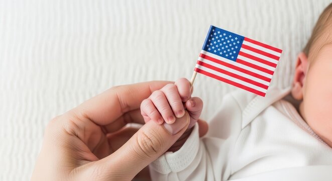 Patriotic baby holding american flag on 4th of july celebrating independence day in usa