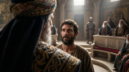 Fototapeta premium Apostles Peter and John standing before the high priest and religious elders. Biblical scene from the book of Acts. Ancient Israel historical drama depicting religious confrontation