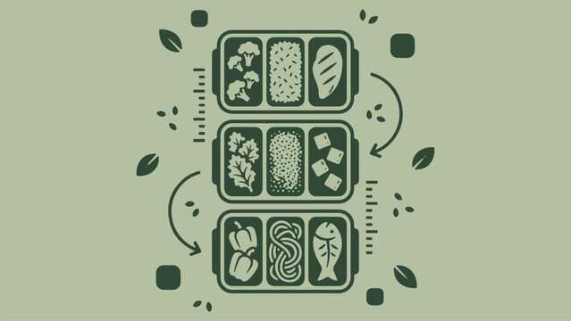 Minimalist green vector illustration of three organized meal prep containers filled with healthy balanced food