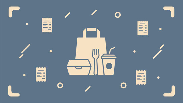 Minimalist vector illustration showing a takeaway food bag with a drink and a paper receipt
