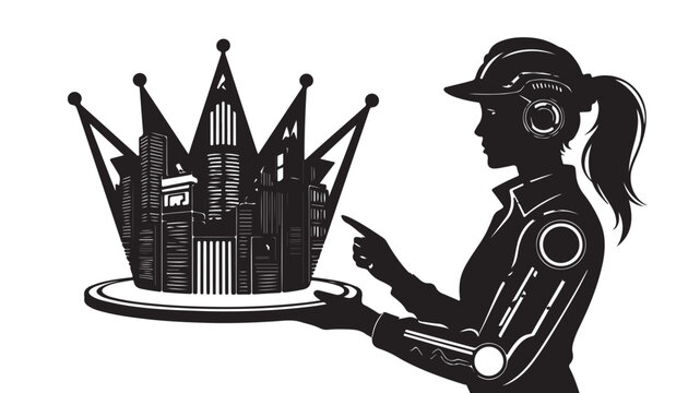 Female Robot Holding Crown-Shaped Cityscape On A Plate For Futuristic Technology Concepts