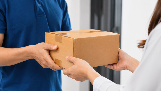 Delivery courier package box customer hand cardboard doorstep service parcel close view of contactless home shipment transfer with brown carton and blue uniform