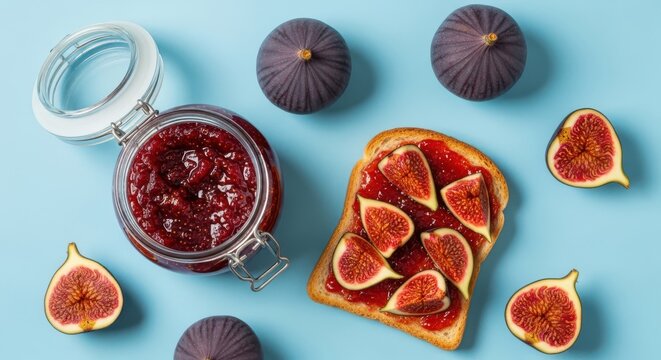 Fresh figs and toast with fig jam in a glass jar