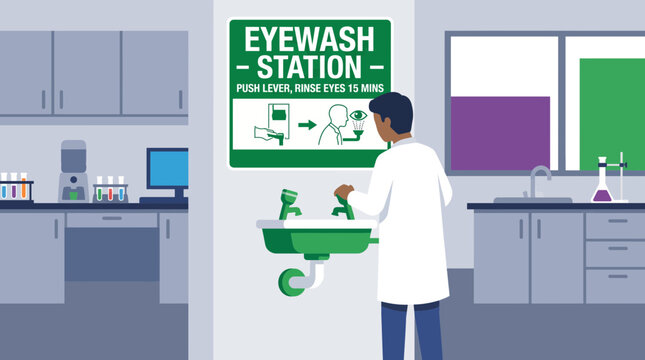 Eyewash Station with Instructional Signage in Laboratory