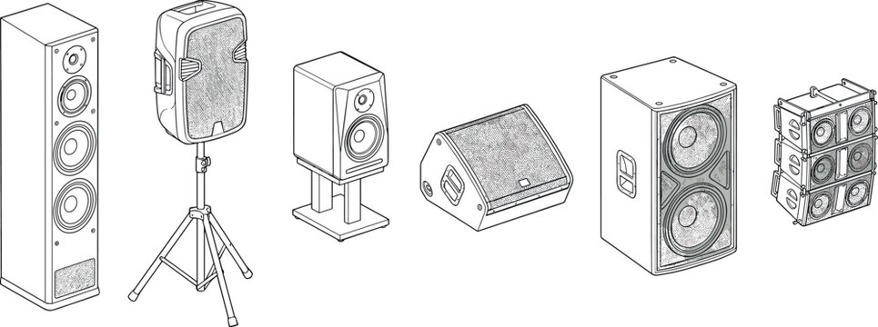 Professional Audio Speaker Icon Set with Floor Tower PA System on Tripod Studio Monitor Stage Wedge Subwoofer and Line Array Vector Line Art Illustration