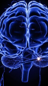 Glowing blue neural network and brain synapses firing with electrical impulses, representing cognition and thought processes, abstract science background