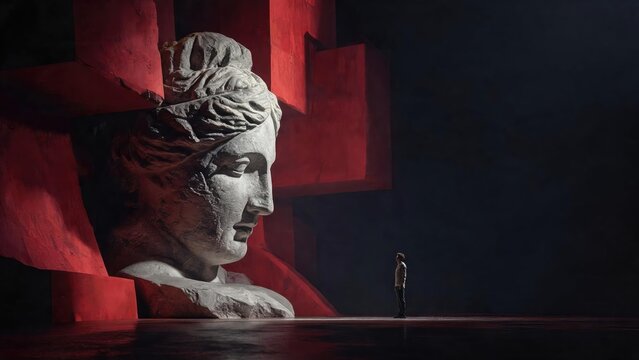 Growth mindset meets monumental scale as a tiny professional stands before a giant ancient bust and bold red geometry.