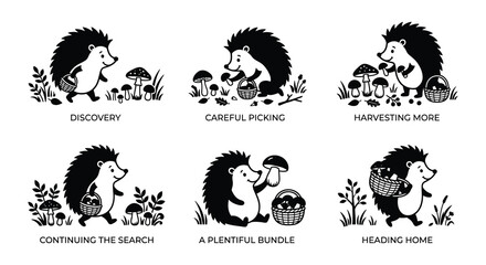 Hedgehogs Carrying Mushrooms Black Silhouette Vector Illustrations © MdNirob