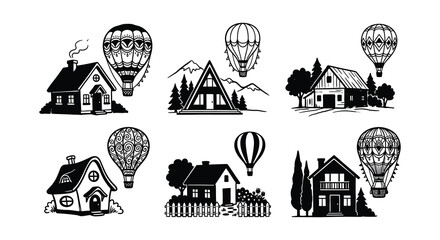 Houses and hot air balloons black and white vector illustration set © MdNirob