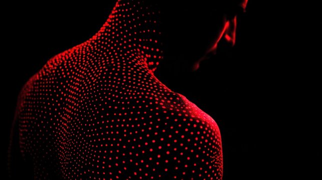 symptom. Abstract red dot pattern on a male torso silhouette representing a minimalist medical concept. mobility guides, transit brochures, designed for mobility and urban transit guides.