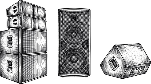 Vintage Engraving Style Professional Audio Speaker Set with Concert PA System Stack Subwoofers Loudspeaker and Stage Wedge Monitor Vector Illustration