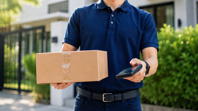 Delivery courier package cardboard box payment terminal house uniform man doorstep contactless payment service outside modern home, with parcel handoff after online order