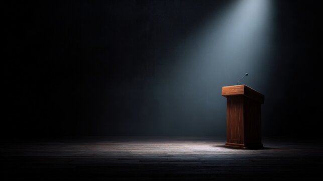 lectern. Polished wooden podium illuminated by a single spotlight on a dark stage. pitch deck slides, case study pages, designed for enterprise HRIS and productivity software interfaces.