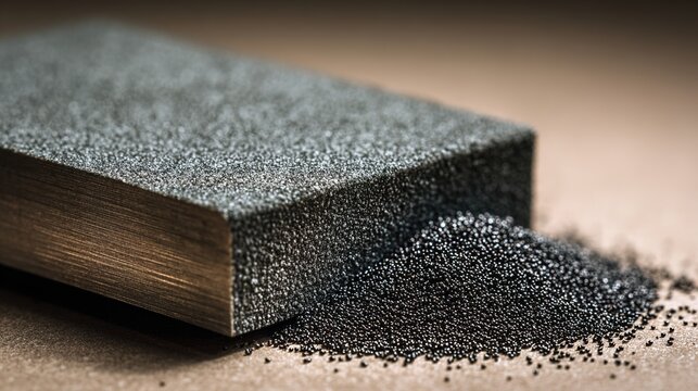 sandpaper. A sheet of sandpaper with dark granules next to a piece of polished metal. safety posters, maintenance manuals, designed for industrial assembly lines and welding operations.