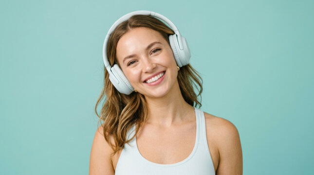 Woman headphone smile portrait young adult brown hair wireless blue tank top teal background, cheerful person wearing audio headset in studio with relaxed happy expression